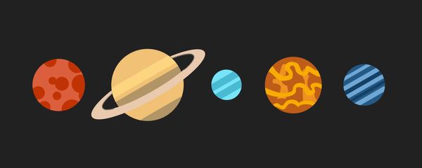 A flat drawing of some planets in a row.